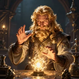 🧙‍♂️ A blond bearded D&D wizard doing magic in his laboratory, Pathfinder D&D character portrait