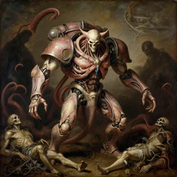elegant renaissance painting of biomechanical warhammer final boss creature vecna, art by bruce pennington and peter mohrbacher, epic bibical depiction, flesh and bones, teths and tentacles, corpses and shadows