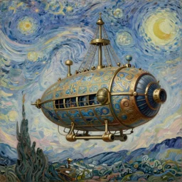 detailed expressionist oil painting by van gogh of a steampunk airship rising off of the ground, antique airship with ornate design, landscape painting, expressionism, 8 k resolution, smooth, sharp focus, matte painting