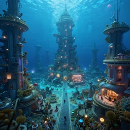 underwater city with lots of activities going on, volumetric lighting, dynamic lighting, high detail photo realistic, 4k,hdr
