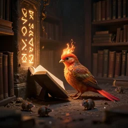 In a dark and dusty library, a small bird sits next to a book and reads. Glowing runes are embedded into the walls. The bird is a phoenix, its flames softly illuminating the darkness. Small rats scurry past, trying to avoid attention