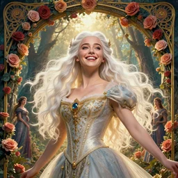 new art nouveau low angle closeup portrait of fantasy flower vargas princess happy smiling emilia clarke wearing a royal dress in an magic forest, anna dittmann, golden hour, pale skin, patrick nagle!!!, glamorous action pose, charlie bowater and loish. long windblown white hair, ultrasharp focus, fritz willis, dramatic lighting, rose arches, octane, matte painting, intricate, d & d, poster