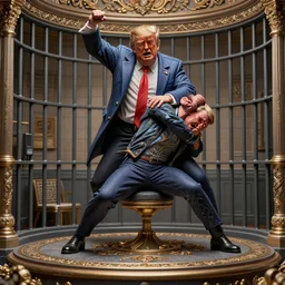 trump crying as a large man dances on him from behind in a prison cell, intricate detail, finely detailed, small details, extra detail, photorealistic, high resolution, vray, hdr, hyper detailed, insane details, intricate, elite, ornate, elegant, luxury, dramatic lighting, octane render, weta digital, micro details, 3 d sculpture