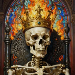 breathtaking detailed soft close up painting a skeleton and a crown on its head an intricate metal throne, art nouveau crown of twisted gold, detailed art nouveau stained glass of flames, highly detailed, artstation, concept art, matte, sharp focus, art by tom bagshaw, peter mohrbacher, james jean, and greg rutkowski