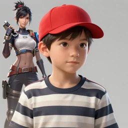 a young boy wearing a horizontal striped shirt and a red baseball cap, smooth, intricate, elegant, digital painting, artstation, concept art, sharp focus, octane render, illustration, art by ayami kojima, apex legends character,
