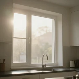 photo of interior design house, super detail of a white window in a kitchen, close up, view from bottom, sunday morning, sun, bokeh, lens flare hit camera, yellow light, diffuse light, instagram trending picture, instagram filter, smoky, foggy, professional photography
