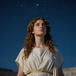 portrait photograph of hypatia of alexandria, beautiful ancient greek curly - haired woman, looking in awe at the night sky full of stars - w 7 6 8