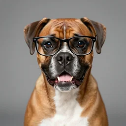 boxer dog wearing glasses and smiling