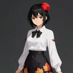 touhou aya shameimaru portrait of a female crow tengu journalist with short black hair and a small red hexagonal hat, wearing a white shirt and a black and autumn leaf patterned skirt, beautiful and detailed digital art, 4 k hd, ross tran, bo chen, rebecca oborn, michael whelan