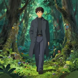 maximalist otherworldly forest walking male, wearing coat, trending on pixiv fanbox, painted by makoto shinkai takashi takeuchi studio ghibli, akihiko yoshida, yoshitaka amano, wangechi mutu, clean cel shaded vector art, illustration, hd, 8 k