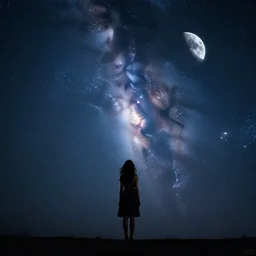 girl, woman, beautiful, starry sky, moon, galaxy, stars, beauty, scenery, milky way, light, night, adorable, photography, cinematic, incredible, trending, award winning, planet, dream, fantastic, home