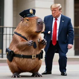 capybara dressed as a cop arresting donald trump