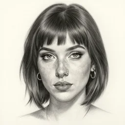 highly detailed realistic pencil sketch portrait of a beautiful woman with short hair and bangs and freckles and nose piercing and earrings