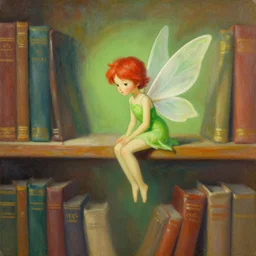 a painting of a tiny fairy flying sitting on a bookshelf, ((((library interior)))), red hair, green dress, concept art by Kaja Foglio, behance contest winner, vanitas, official art, poster art, concept art
