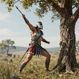 hoplite throwing a spear at a tree, octane render
