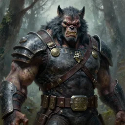 frazetta hulked oversized werewolf cyborg wolf concept art macro medium close up shot, rugged werewolf as barbarian zombie wearing war soldier uniform armor in deep forest, mist, overcast, oil painting by greg rutkowski, by frazetta and greg rutkowski