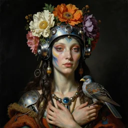 a baroque close - up portrait of a fantasy alien cyborg shaman goddess wearing facepaint and a colorful floral futuristic visor with metallic technology, holding a bird. black background. studio lighting. highly detailed science fiction fantasy painting by norman rockwell, moebius, frank frazetta, syd mead, and sandro botticelli. high contrast. renaissance masterpiece. artstation.
