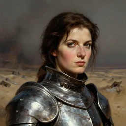head and shoulders portrait of a female knight in a desolate wasteland, portrait by jeff easley, portrait by frank frazetta, dramatic lighting, hq