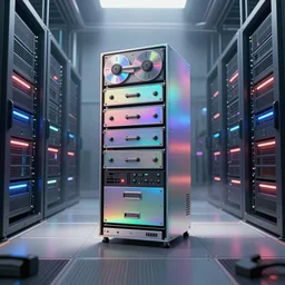 an immaculate volumetric path tracing lighting render of a of beautiful iridescent large tape drive device at the center of a vast modern datacenter, fog, god rays, and nixie tubes by eric lafforgue and beeple, beautiful modern colors, ultradetailed, 4k ultra