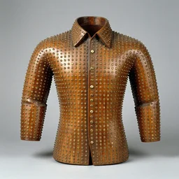 realistic photo of a a wooden sculpture object shirt made of wood, covered with brass dots on a neutral grey background, centered composition, big margins, museum archive photo, 1 9 9 0, grain