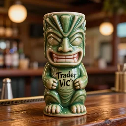 a photorealistic photograph of a Trader Vic's Tiki mug featuring a happy Johnny Depp at a Tiki bar - Trending on Artstation, featured on Behance, well-rendered, Unreal Engine, 4K HD