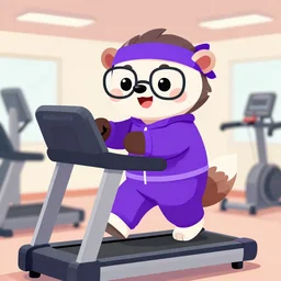 epic professional digital cartoon flat vector art of a smiling cartoon anteater with glasses and a purple sweatband, wearing a purple sweatsuit, exercising on a treadmill in a gym, best on artstation, cgsociety, wlop, Behance, pixiv, cosmic, epic, stunning, gorgeous, much detail, much wow