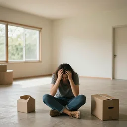 a person super stressed about moving to thailand, in an empty house in the southwest of france