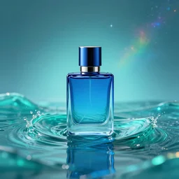 advertisement for a blue perfume bottle surrounded by turquoise water droplet and galactic waves, textless, lonely world still shining through faintly rainbow led lights, beautiful surreal scenery artwork, soul dust, unthinkable dream sublime god lighting, sun rays, cold colors, insanely detailed, artstation!! pixiv!! infinitely detailed