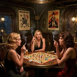 women in the interior of a steampunk apartment, Milo Manara, night time, Margot Robbie, Scarlett Johanson, zoey Deschannel, smoking cigarettes, playing board games, highly detailed, level design, Tarantino movie posters on the walls, concept art, artstation, cgsociety, zenith view