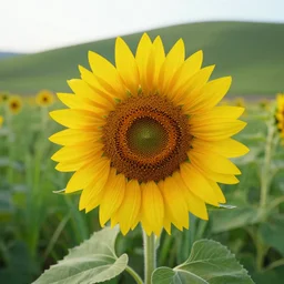 a sunflower in front of grassy hills at morning, close up