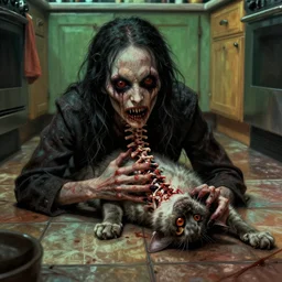 cinematic colorful horror artwork by artgerm, beksinski, bernie wrightson, mark brooks ; real life full portrait of dead cat animal neck twisted head touching spine, lying on kitchen floor ; haunting, brutal scary terrifying, 8 k hdr, creepy intricate ; dramatic lighting, insanely detailed