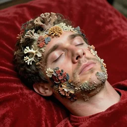 realistic photo of a blurred face of a man with his eyes closed, covered in shriveling dead coral reef, emitting aura, laying in a red velvet bed 1 9 6 0, life magazine photo, natural colors, metropolitan museum, kodak, 8 k, very detailed, high resolution, product photo,