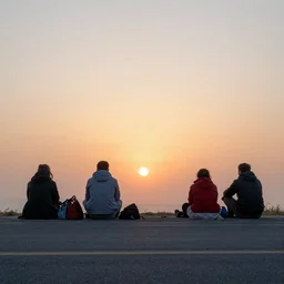 high quality photo of a sunset scene with homeless people next to a brutalist monument covered in abstract graffiti dramatic lighting