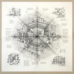 An artwork made from layers of technical drawings and architectural plans, very detailed and intricate with callout texts and bubbles