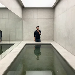a man taking a selfie in front of a large room with mirrors on two walls and concrete on the other two walls, a pond in the center of the room surrounded by upholstered sofas, a tilt shift photo by leandro erlich, featured on cg society, kitsch movement, hall of mirrors, high dynamic range, studio portrait