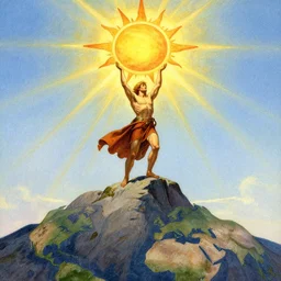 illustration of a mythical hero standing at the top of a mountain lifting the sun over his head, holding it up to shine over the world. art by gaston bussiere.