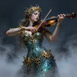 illustration of close low angle view of an ornate obsidian gothic violin played by a goddess with gold spidery embellishments, night, smoke, ground fog, by peter mohrbacher, by frank frazetta, by vincent di fate, large depth of field, super detailed, digital art, trending on artstation, ornate