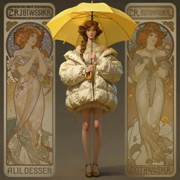 A very tall, slender woman wearing puffy clothes and holding a yellow umbrella, sharp focus, intricate, elegant, digital painting, artstation, matte, highly detailed, concept art, illustration, ambient lighting, art by artgerm, Alphonse mucha, and Greg Rutkowski