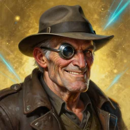 an intimate portrait of a gnarly human captain, old skin, faded fedora, charming, strong leader, metal eye piece, a look of cunning, big smile, detailed matte fantasy painting, golden space scene, lasers, sparks, yellow and blue and cyan