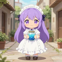 full body kawaii cute bombshell anime waifu woman with lavender hair, victorian white ruffly dress, holding jarred ocean. spanish ghibli alleyway. symmetrical face. symmetrical detailed defined eyes. isekai background style.