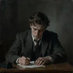 a depressive painting of jeremy mann, a close up view of a young man writing on a small desk, centered composition, 1 9 4 0 s fashion, dramatic dim light, dark background, dreamy, misty, desaturated, ominous, depressing, unsettling, creepy