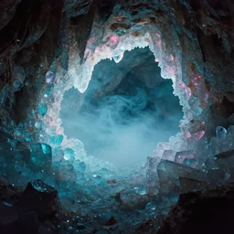 cave with crystals, glitter, volumetric light, foggy, smokey, moody, kodak photography, cyan and pink light