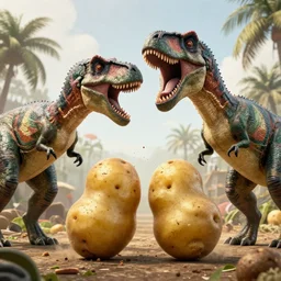 a potatoes fighting of a dinosaur, movie, cinematic, great cinematography, action, drama, detailed great image, sharp focus