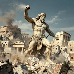 a greek titan destroying a city