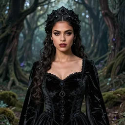 An black velvet medium shot portrait of Melissa Fumero as an ancient princess with gothic woods in the background by Edgar Leeteg