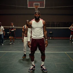 lebron james in stranger things, film grain, wide shot, photorealism