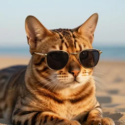 close-up photo of a bengal cat wearing sunglasses, relaxing at the beach, golden hour, Breathtaking, 8k resolution, extremely detailed, beautiful, establishing shot, artistic