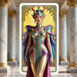 beautiful 3 d render of giesha demon, innovative avant - garde art, deco fashion, asian women, photorealistic portrait, crisp quality and light reflections, inside a room with marble columns, transcendent, vibrant color, clean linework, finely detailed, tarot card with ornate border frame, 4 k, trending on artstation, volumetric lighting, octane render