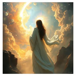 in flowing white robes she watches as the universe is born, saturated nebulas, misty, dramatic lighting, bright arc of light, radiant light, luminous stars, intricate, hyper detailed, beautiful concept art by greg rutkowski, artgerm, ruan jia, alphonse mucha, frazetta