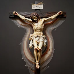 a perfect photograph of a crucified man who has been deconstructed like an onion, layers upon layers peeling off, plastic appendages to his bones distorted his form. in op art style